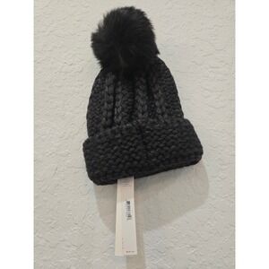 AQUA Charcoal Black Knit Beanie Hat w/ Faux Fur Pom Bloomingdales Exclusive
